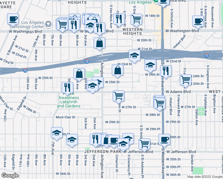 map of restaurants, bars, coffee shops, grocery stores, and more near 2272 West 25th Street in Los Angeles