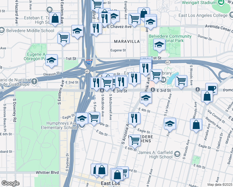 map of restaurants, bars, coffee shops, grocery stores, and more near 4641 East 3rd Street in East Los Angeles