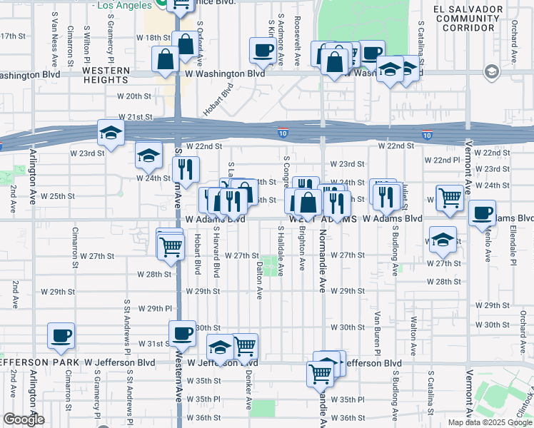 map of restaurants, bars, coffee shops, grocery stores, and more near 1816 West Adams Boulevard in Los Angeles