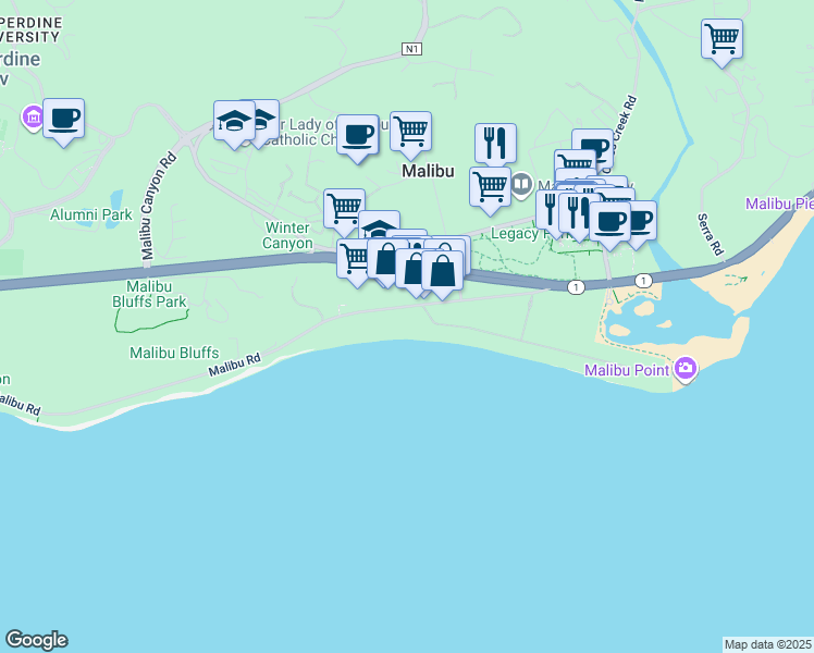 map of restaurants, bars, coffee shops, grocery stores, and more near 23754 Malibu Road in Malibu