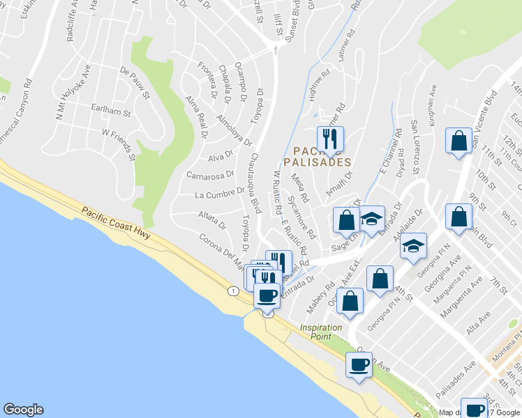 map of restaurants, bars, coffee shops, grocery stores, and more near 350 Chautauqua Boulevard in Los Angeles