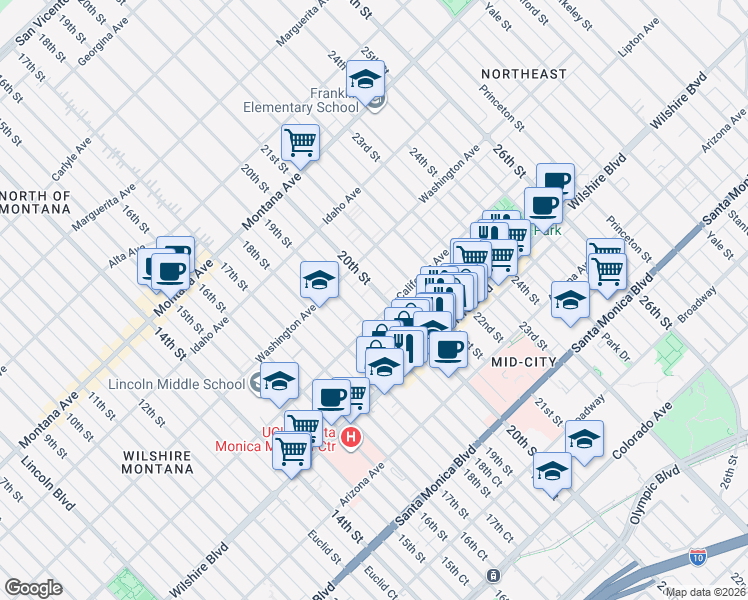 map of restaurants, bars, coffee shops, grocery stores, and more near 1041 20th Street in Santa Monica