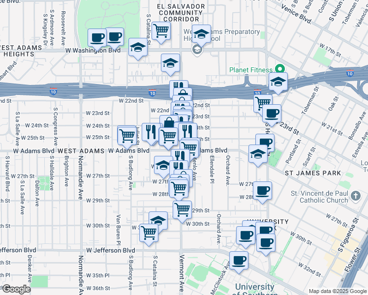 map of restaurants, bars, coffee shops, grocery stores, and more near 2500 Vermont Avenue in Los Angeles