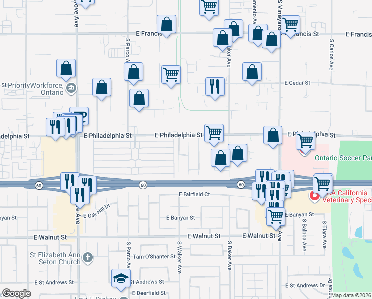 map of restaurants, bars, coffee shops, grocery stores, and more near 2236 South Augusta Place in Ontario