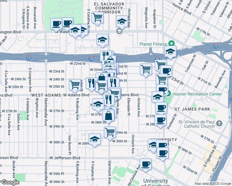 map of restaurants, bars, coffee shops, grocery stores, and more near 1359 1/2 West Adams Boulevard in Los Angeles