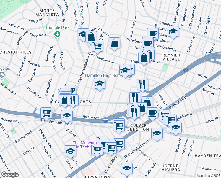 map of restaurants, bars, coffee shops, grocery stores, and more near 3107 South Canfield Avenue in Los Angeles