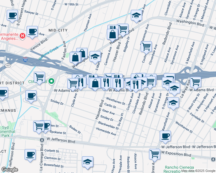 map of restaurants, bars, coffee shops, grocery stores, and more near 2540 Hauser Boulevard in Los Angeles