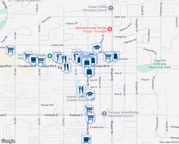 map of restaurants, bars, coffee shops, grocery stores, and more near 12149 California Street in Yucaipa