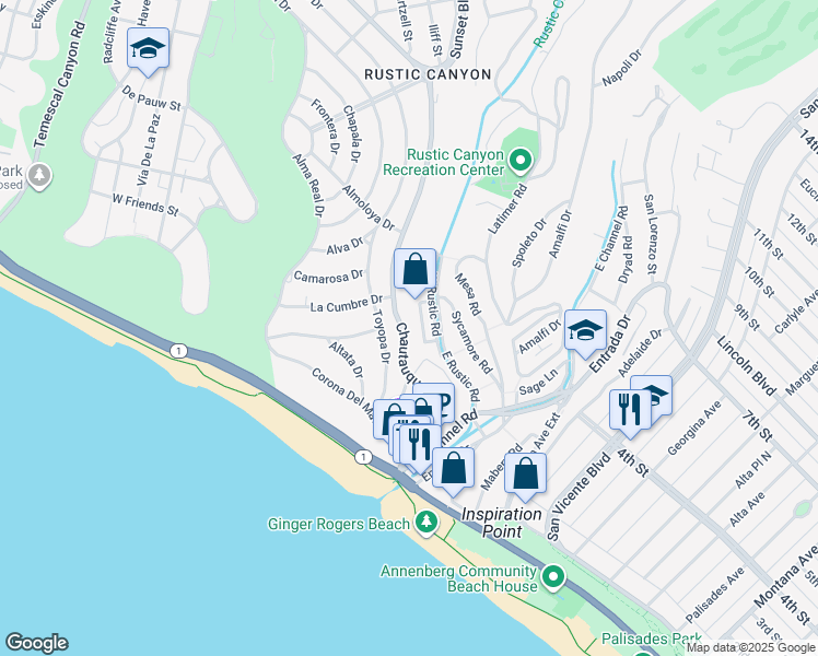 map of restaurants, bars, coffee shops, grocery stores, and more near 350 Chautauqua Boulevard in Los Angeles