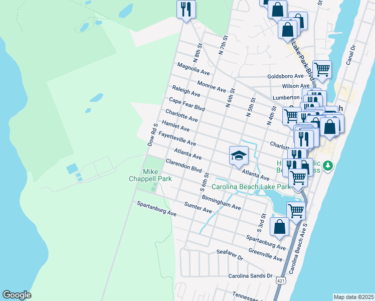map of restaurants, bars, coffee shops, grocery stores, and more near 700 Atlanta Avenue in Carolina Beach