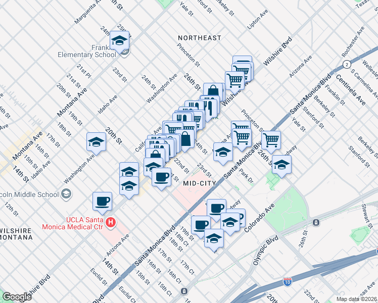 map of restaurants, bars, coffee shops, grocery stores, and more near 2300 Wilshire Boulevard in Santa Monica