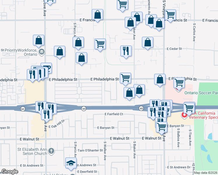 map of restaurants, bars, coffee shops, grocery stores, and more near 2236 South Augusta Place in Ontario