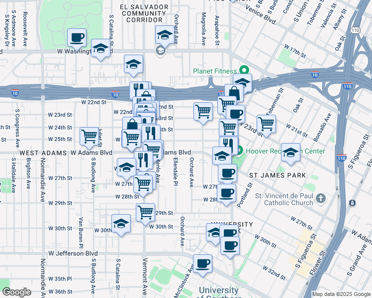 map of restaurants, bars, coffee shops, grocery stores, and more near 1276 West 25th Street in Los Angeles