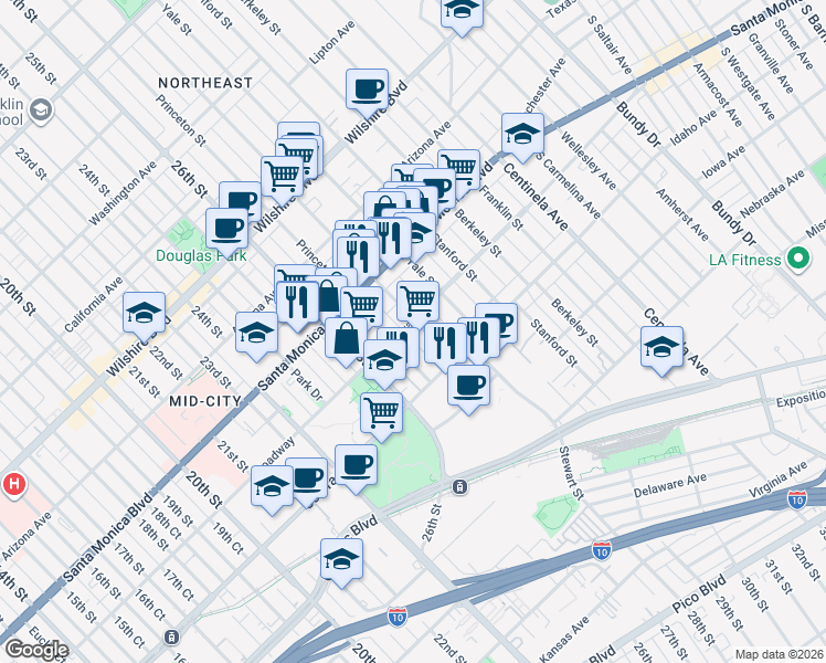 map of restaurants, bars, coffee shops, grocery stores, and more near 1452 Harvard Street in Santa Monica