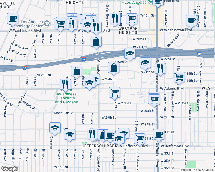 map of restaurants, bars, coffee shops, grocery stores, and more near 2272 West 25th Street in Los Angeles