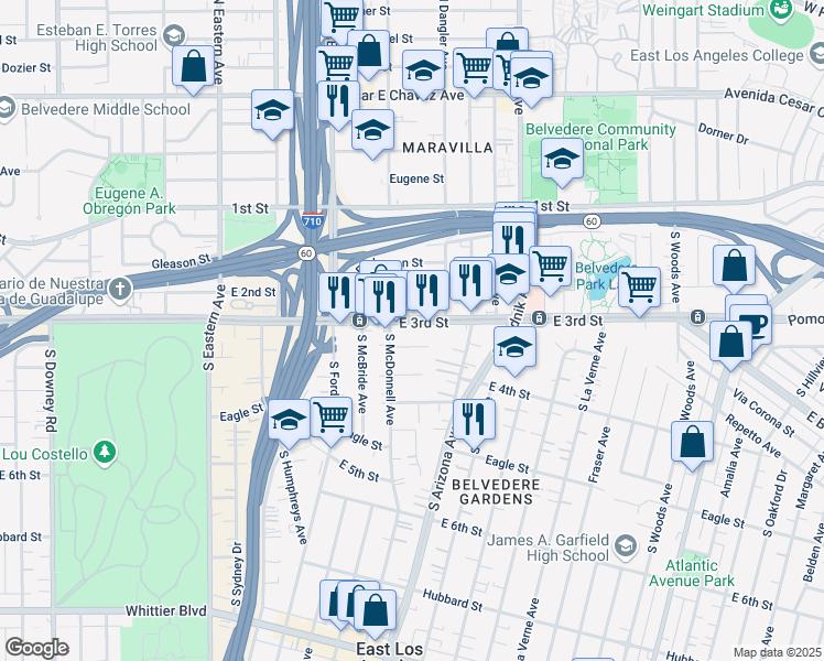 map of restaurants, bars, coffee shops, grocery stores, and more near 4620 East 3rd Street in Los Angeles