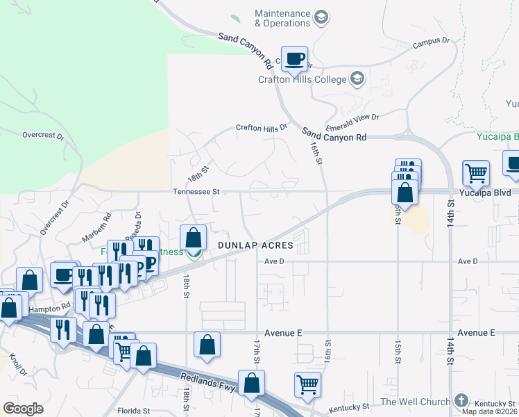 map of restaurants, bars, coffee shops, grocery stores, and more near 31915 Tennessee Street in Yucaipa