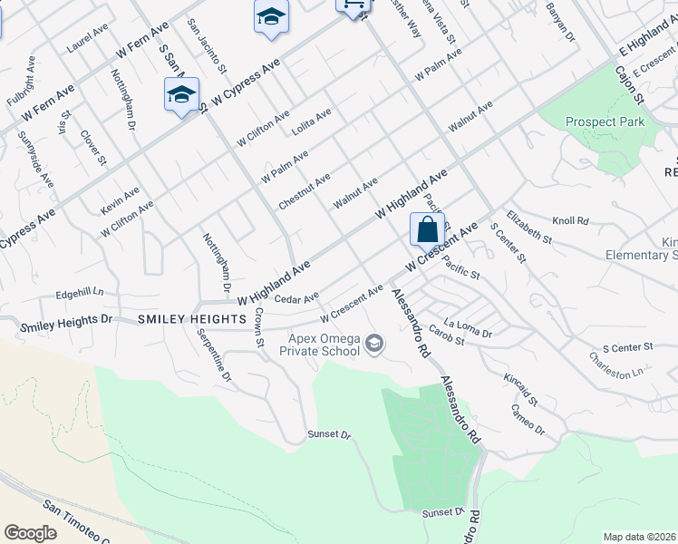 map of restaurants, bars, coffee shops, grocery stores, and more near 1110 Cedar Avenue in Redlands