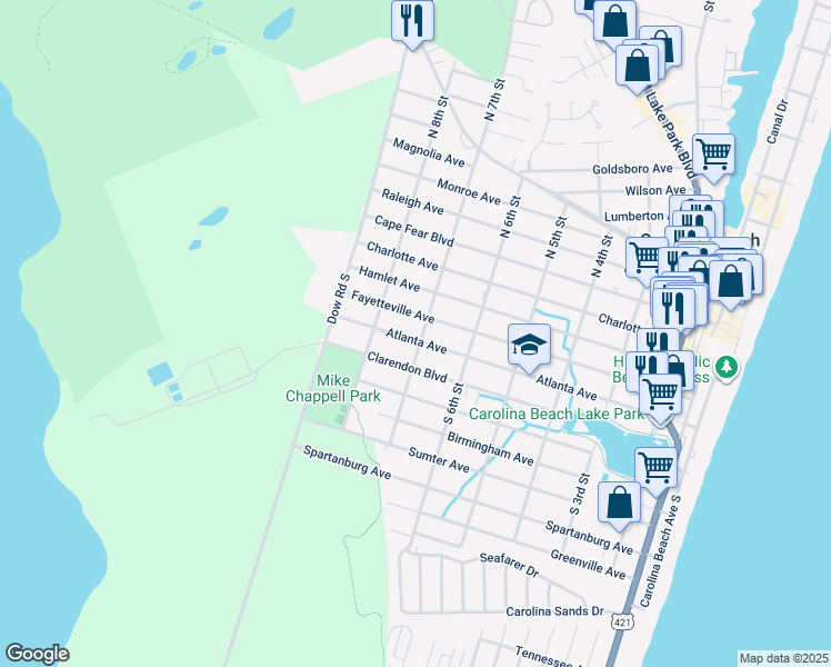 map of restaurants, bars, coffee shops, grocery stores, and more near 700 Atlanta Avenue in Carolina Beach