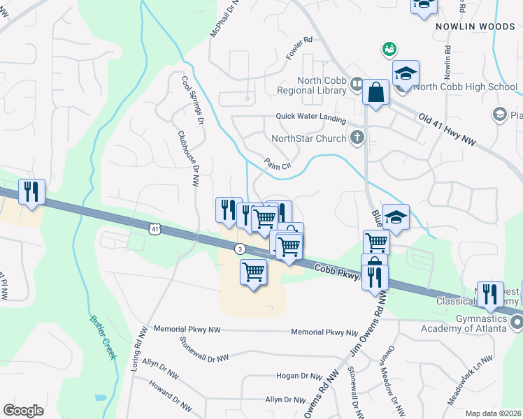 map of restaurants, bars, coffee shops, grocery stores, and more near 3113 Creekside Village Drive Northwest in Kennesaw