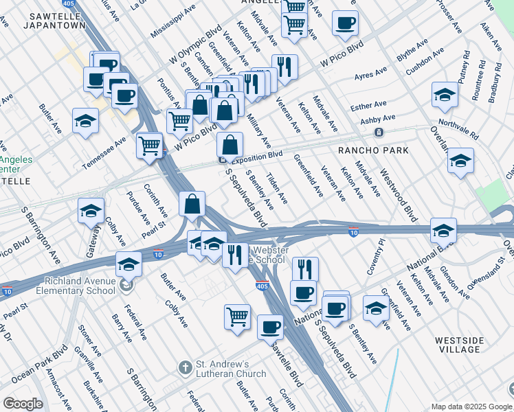 map of restaurants, bars, coffee shops, grocery stores, and more near 2600 South Sepulveda Boulevard in Los Angeles