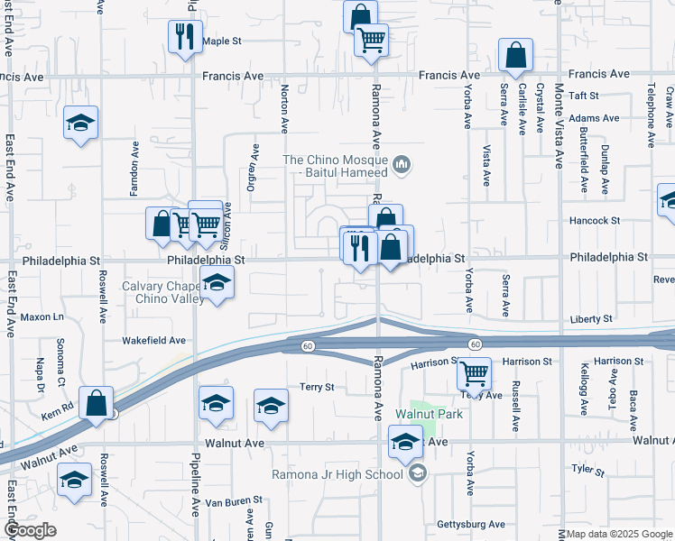 map of restaurants, bars, coffee shops, grocery stores, and more near 12113 Concord Court in Chino