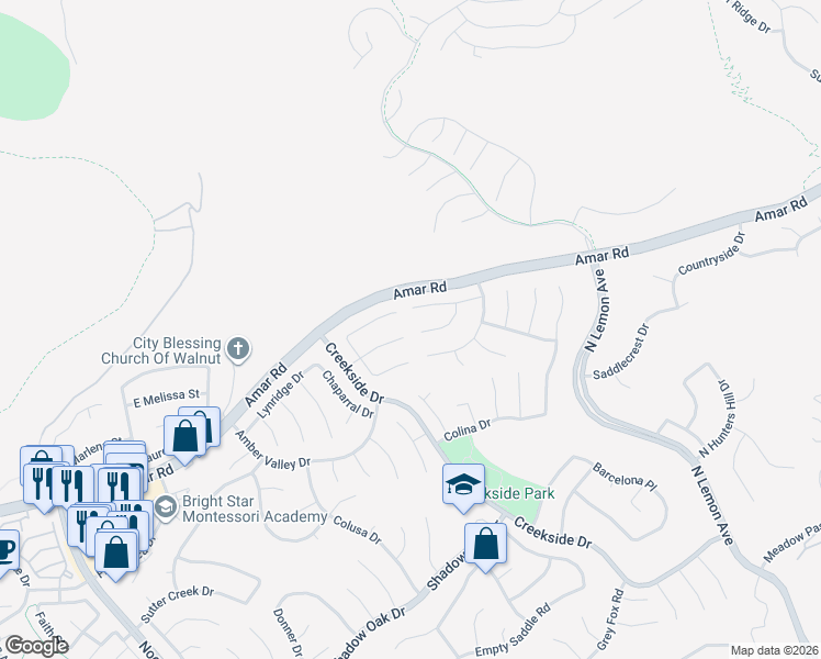 map of restaurants, bars, coffee shops, grocery stores, and more near 19302 Platt River Drive in Walnut