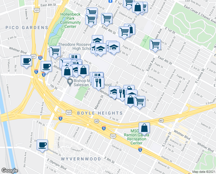 map of restaurants, bars, coffee shops, grocery stores, and more near 2709 Oregon Street in Los Angeles