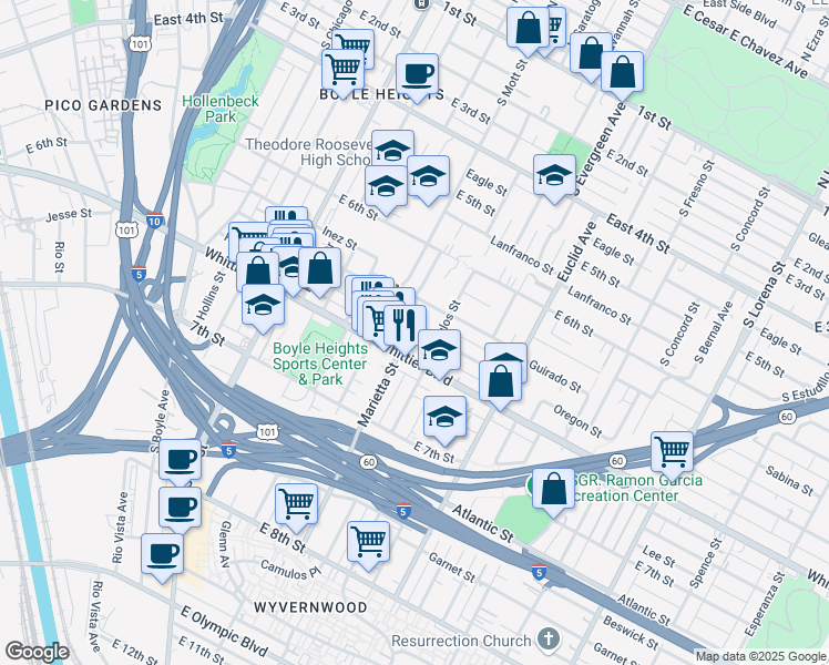 map of restaurants, bars, coffee shops, grocery stores, and more near 2728 Oregon Street in Los Angeles