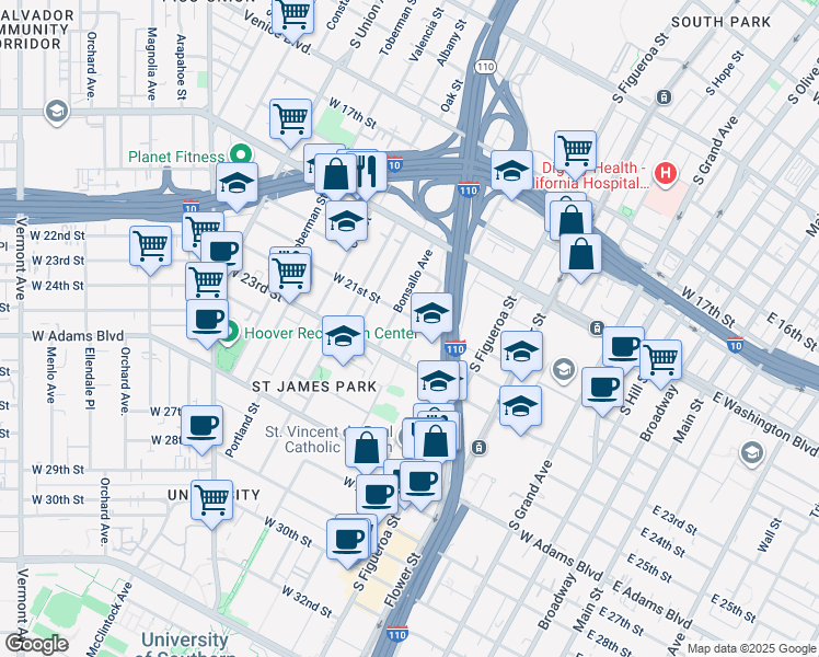 map of restaurants, bars, coffee shops, grocery stores, and more near 514 West 21st Street in Los Angeles