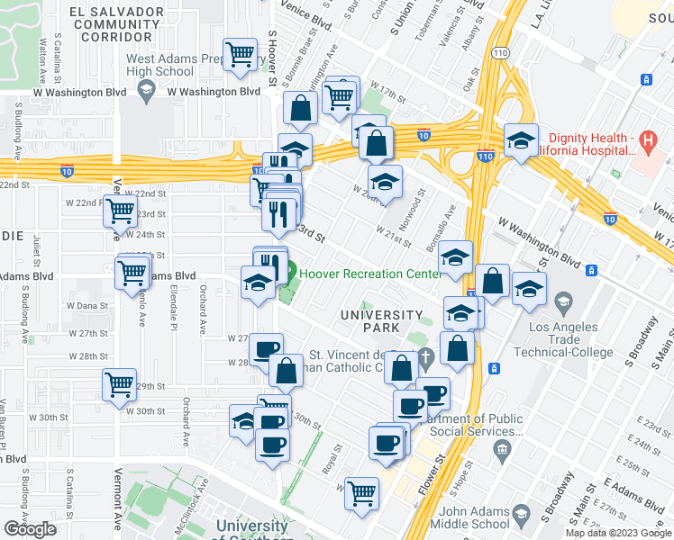 map of restaurants, bars, coffee shops, grocery stores, and more near 934 West 23rd Street in Los Angeles