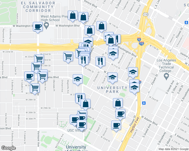 map of restaurants, bars, coffee shops, grocery stores, and more near 1004 West 24th Street in Los Angeles