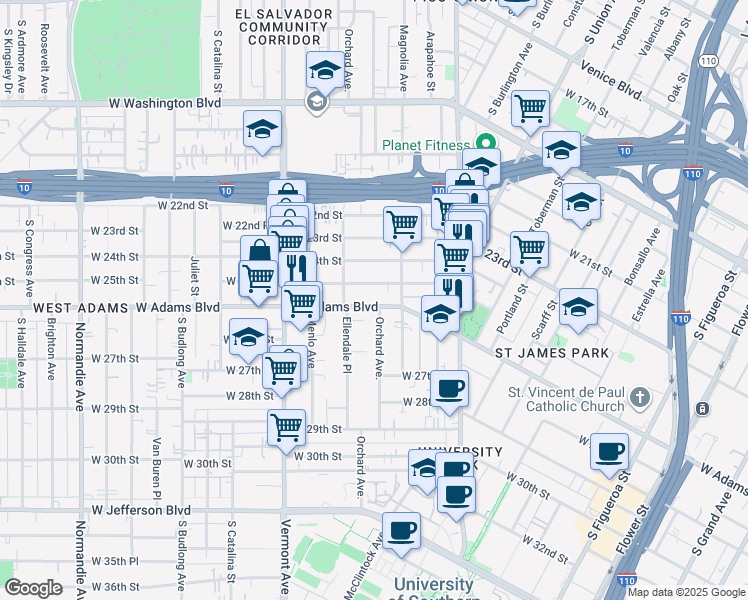 map of restaurants, bars, coffee shops, grocery stores, and more near 1216 West 25th Street in Los Angeles
