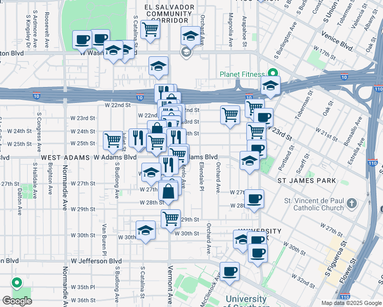 map of restaurants, bars, coffee shops, grocery stores, and more near 1336 West 25th Street in Los Angeles