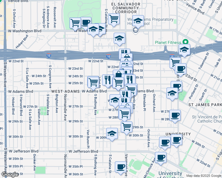 map of restaurants, bars, coffee shops, grocery stores, and more near 1449 West Adams Boulevard in Los Angeles