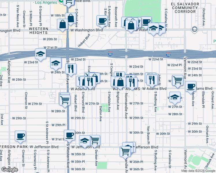 map of restaurants, bars, coffee shops, grocery stores, and more near 1808 West 25th Street in Los Angeles