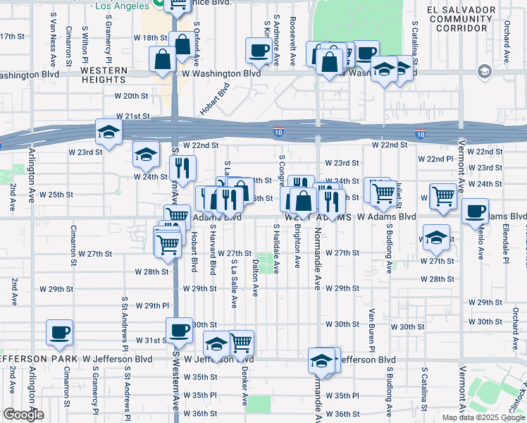 map of restaurants, bars, coffee shops, grocery stores, and more near 1808 West 25th Street in Los Angeles