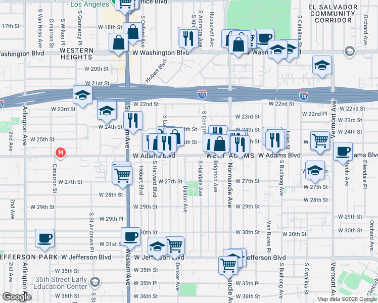 map of restaurants, bars, coffee shops, grocery stores, and more near 1808 West 25th Street in Los Angeles