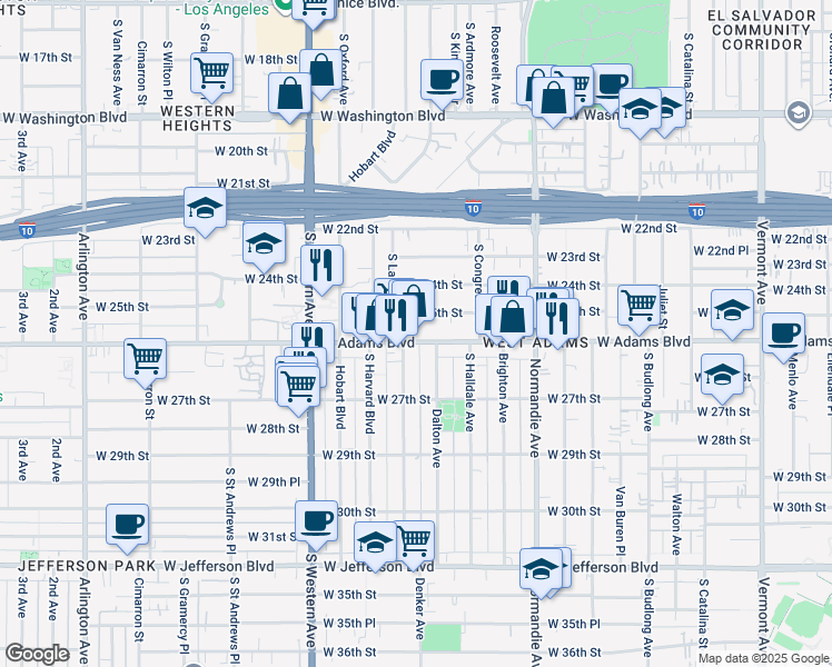 map of restaurants, bars, coffee shops, grocery stores, and more near 1858 West 25th Street in Los Angeles