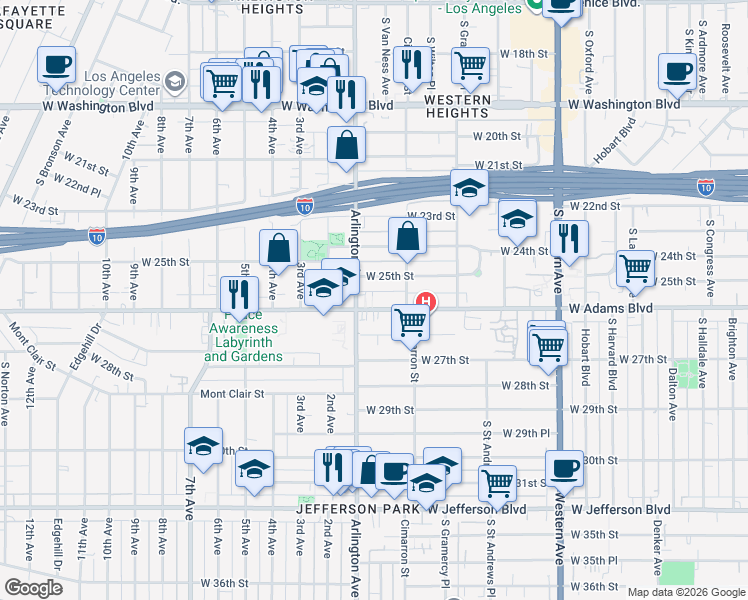map of restaurants, bars, coffee shops, grocery stores, and more near 2272 West 25th Street in Los Angeles