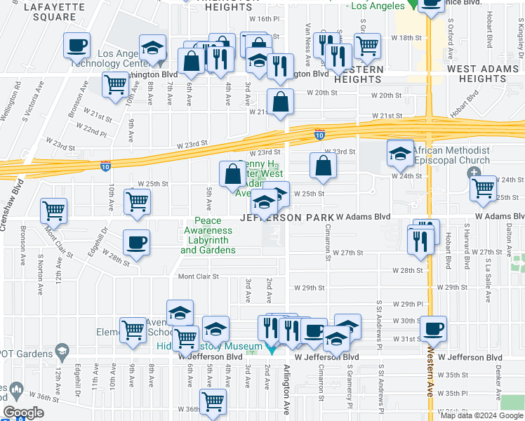 map of restaurants, bars, coffee shops, grocery stores, and more near 2510 2nd Avenue in Los Angeles