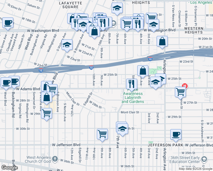 map of restaurants, bars, coffee shops, grocery stores, and more near 2528 8th Avenue in Los Angeles