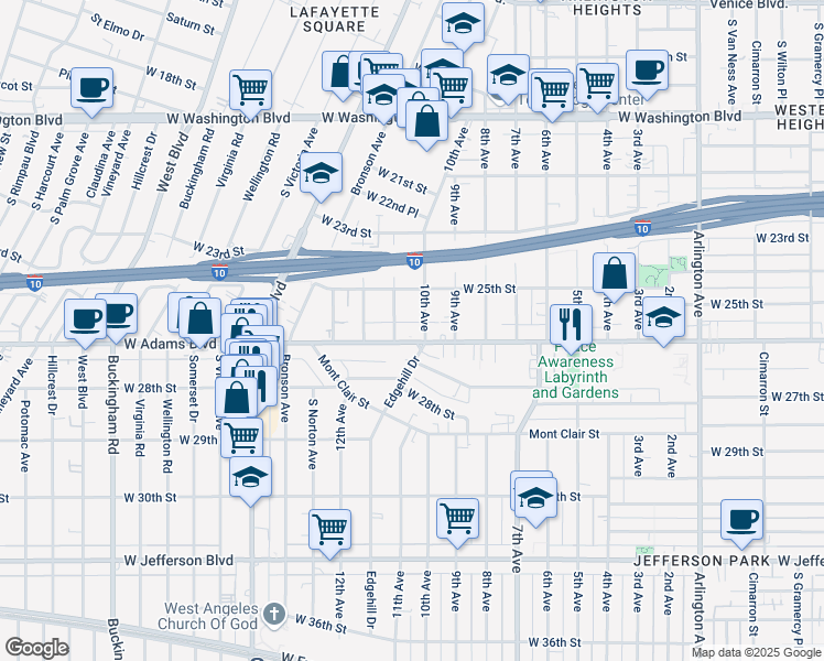 map of restaurants, bars, coffee shops, grocery stores, and more near 2530 11th Avenue in Los Angeles