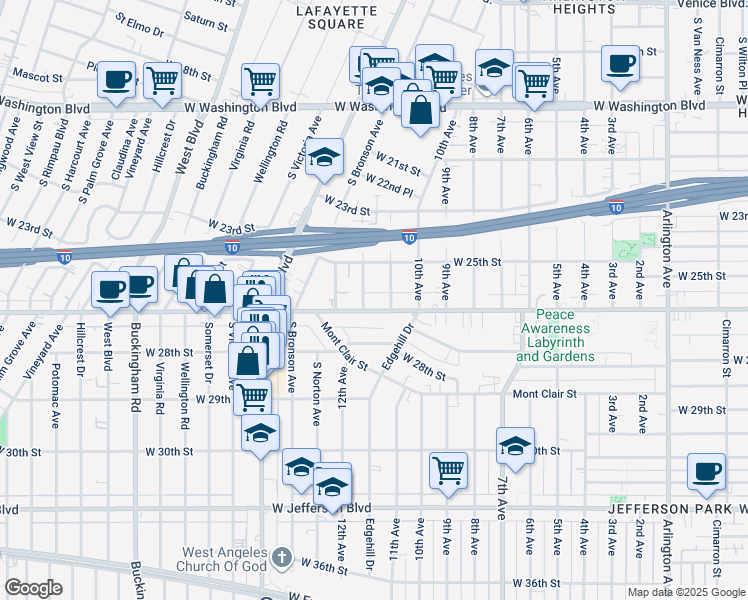 map of restaurants, bars, coffee shops, grocery stores, and more near 2528 12th Avenue in Los Angeles
