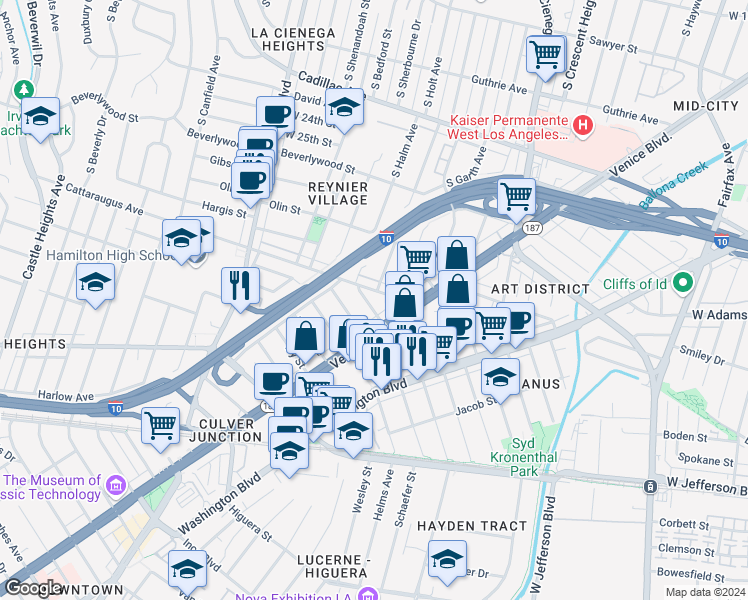 map of restaurants, bars, coffee shops, grocery stores, and more near 8783 Cattaraugus Avenue in Los Angeles