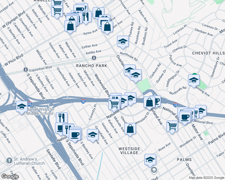 map of restaurants, bars, coffee shops, grocery stores, and more near 2821 Glendon Avenue in Los Angeles