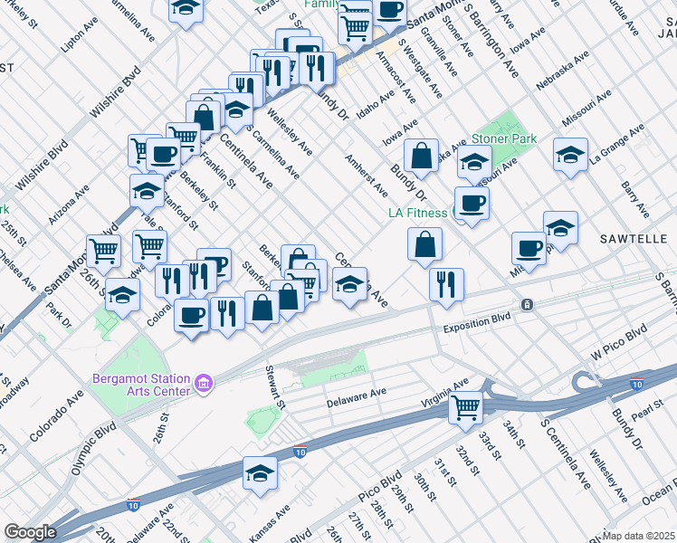 map of restaurants, bars, coffee shops, grocery stores, and more near in Los Angeles County