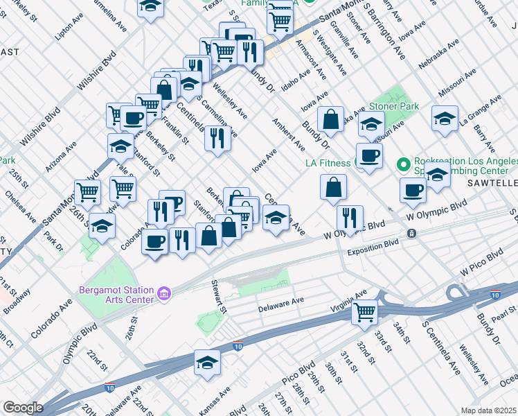 map of restaurants, bars, coffee shops, grocery stores, and more near in Los Angeles County