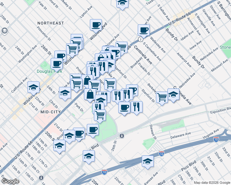 map of restaurants, bars, coffee shops, grocery stores, and more near 1518 Yale Street in Santa Monica