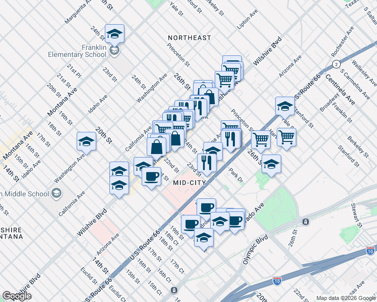 map of restaurants, bars, coffee shops, grocery stores, and more near 1231 24th Street in Santa Monica